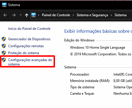 tela de configuração
