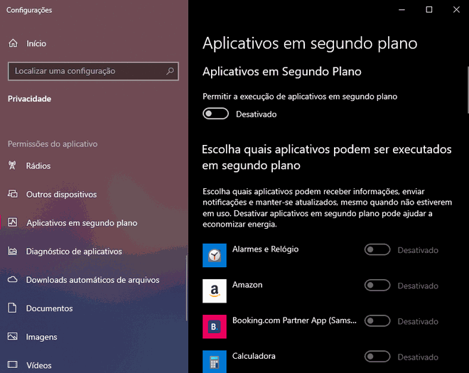 tela de configuração