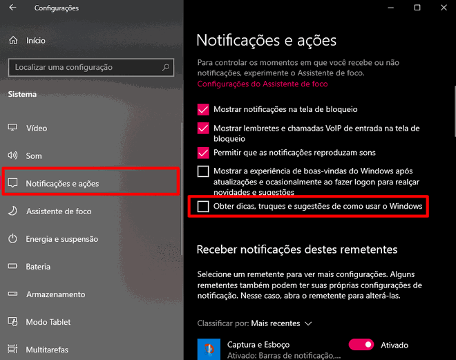 tela de configuração